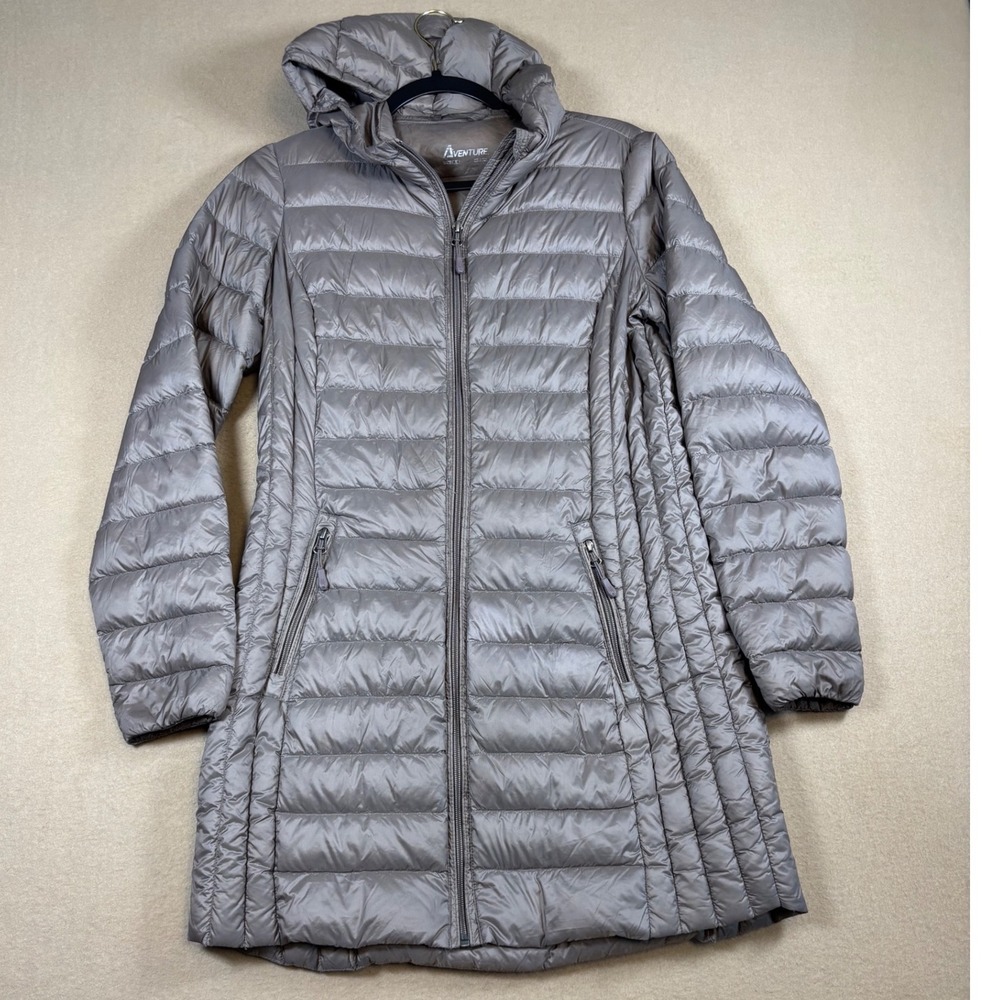 Aventure Womens Puffer Jacket Taupe Gray Down Insulated Hooded Long Coat Size S